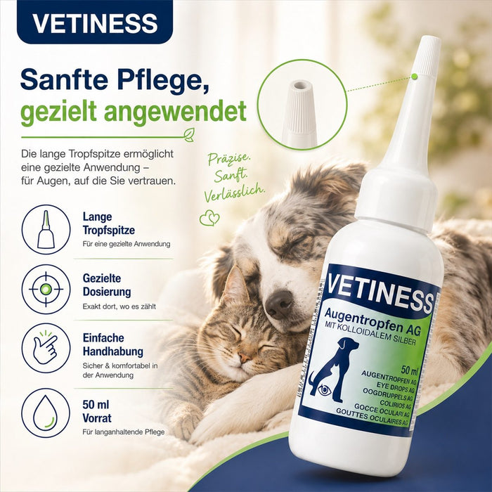 Vetiness Augentropfen AG mit langer Tropfspitze für gezielte Anwendung