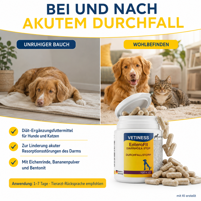 Vetiness EnteroFit Durchfallstopp Kapseln – Diät-Ergänzungsfuttermittel bei und nach akutem Durchfall