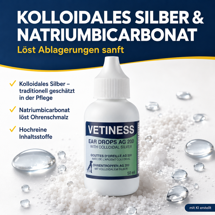Vetiness Ohrentropfen AG 200 – kolloidales Silber und Natriumbicarbonat lösen Ablagerungen