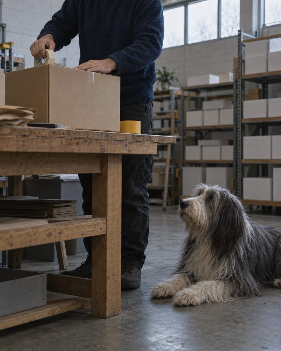 Bearded Collie liegt neben dem Packtisch, während eine Bestellung verpackt wird