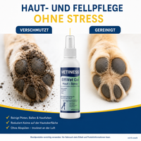 Vetiness EffiVet Gel Hautspray – Haut- und Fellpflege ohne Stress: verschmutzte Pfote vorher, gereinigt nachher