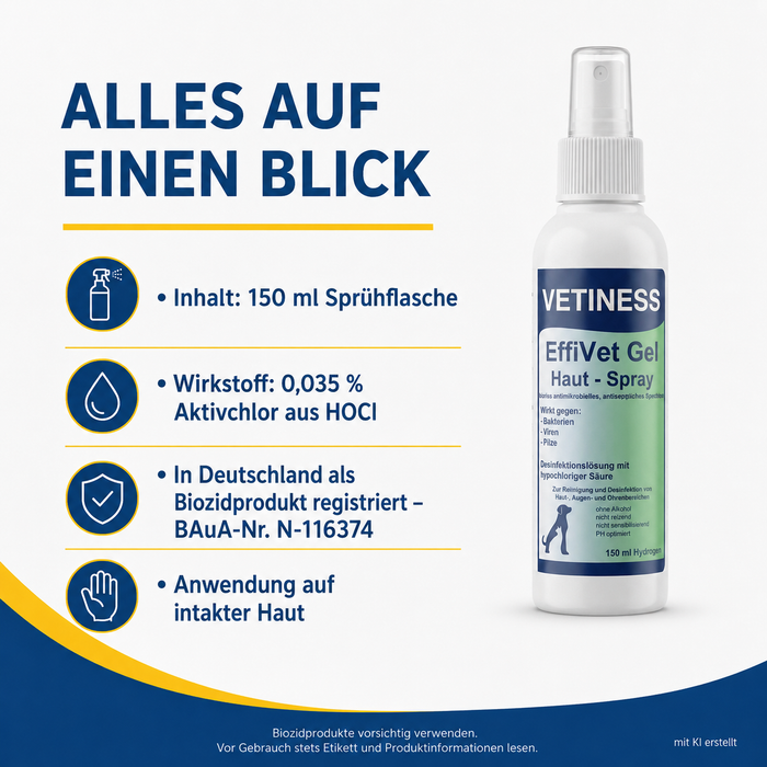 Vetiness EffiVet Gel Hautspray – alles auf einen Blick: 150 ml, 0,035 % Aktivchlor, BAuA-Nr. N-116374