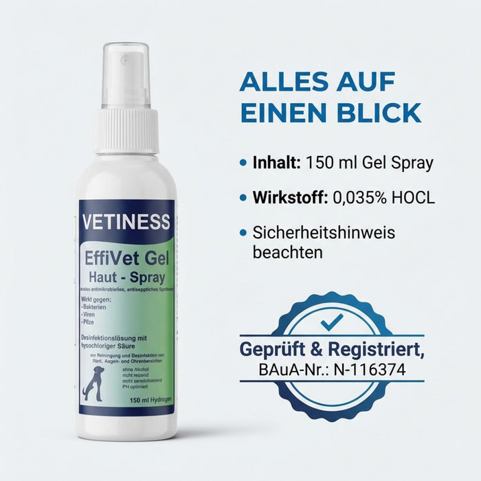 Vetiness EffiVet Gel Hautspray – Produktdetails, 150 ml mit 0,035 % HOCl